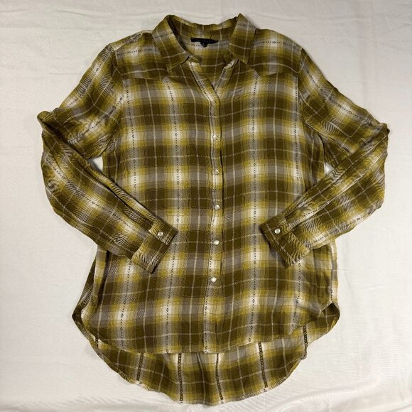Women’s Olive Green Mustard Plaid Button Down Shirt Size Large – Long Sleeve Cur - Picture 1 of 8
